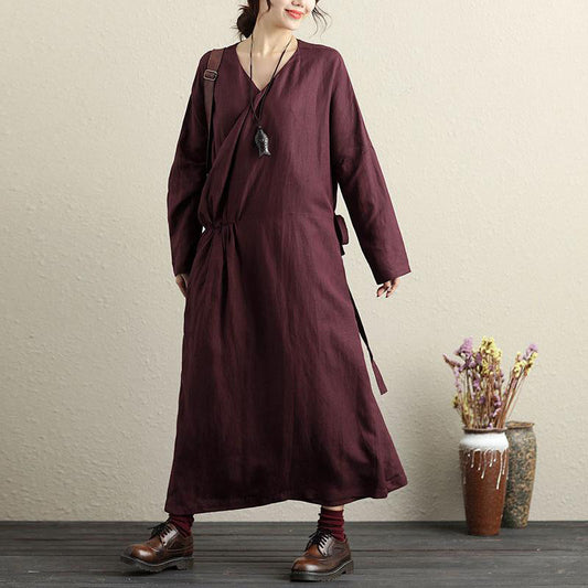 Französische Baumwolle Long Shirts Pakistani V Hals Langarm Dunkelrot Damen Kleid