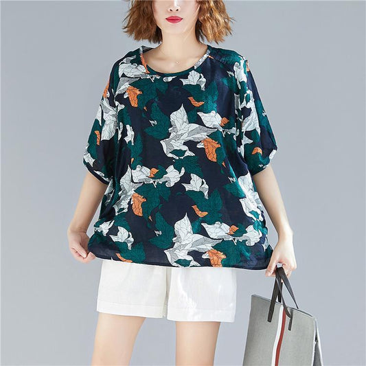 Französische florale Baumwoll-Leinen-Oberteile Damenblusen Einbauschränke O-Ausschnitt Cinched Art Top