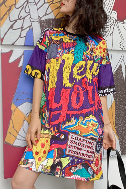 Französisches Blumenoutfit Drops Design Shirts Strand O-Ausschnitt Tunika Sommerkleider