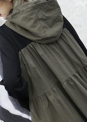 French gray green patchwork cotton Wardrobes hooded Plus Size fall Dresses - SooLinen