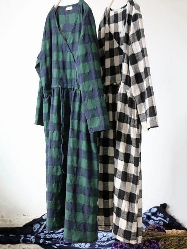French green plaid cotton dresses v neck drawstring Traveling spring Dresses - SooLinen