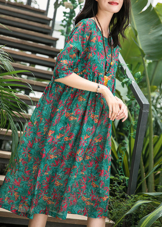 Französisches Leinenkleid mit grünem Aufdruck, Omychic-Muster, Rundhalsausschnitt, Sommerkleid aus Baumwolle