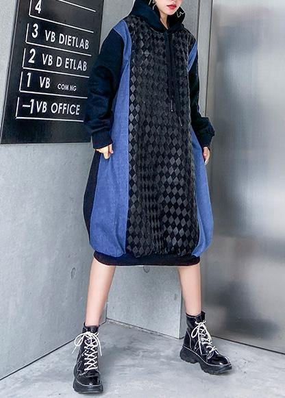 French hooded cotton patchwork clothes Runway black Dresses - SooLinen