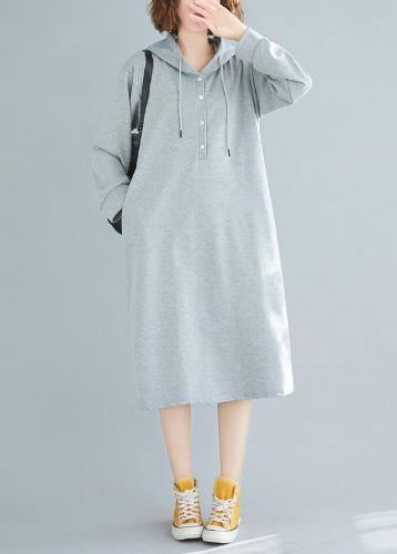 French hooded drawstring Cotton spring Tunics gray Dresses - SooLinen