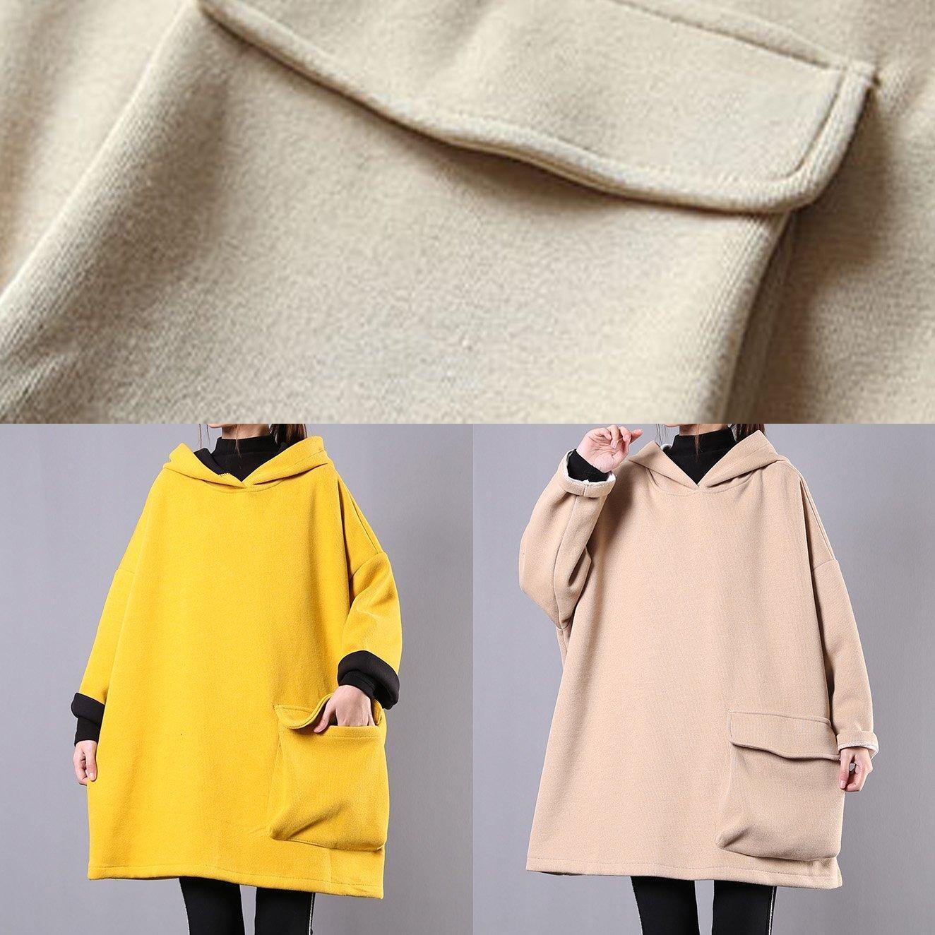 French hooded thick cotton linen tops women khaki shirt - SooLinen