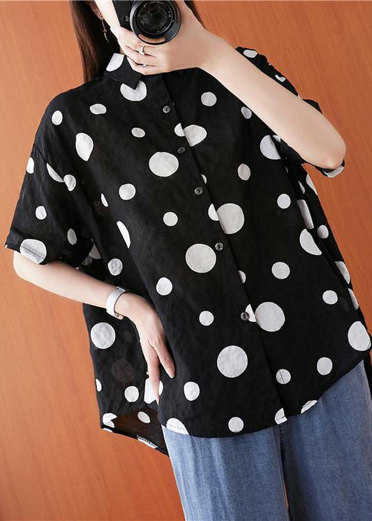 French lapel asymmetric linen cotton tunic top black dotted daily blouses - SooLinen