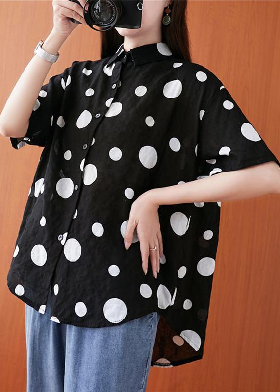 French lapel asymmetric linen cotton tunic top black dotted daily blouses - SooLinen