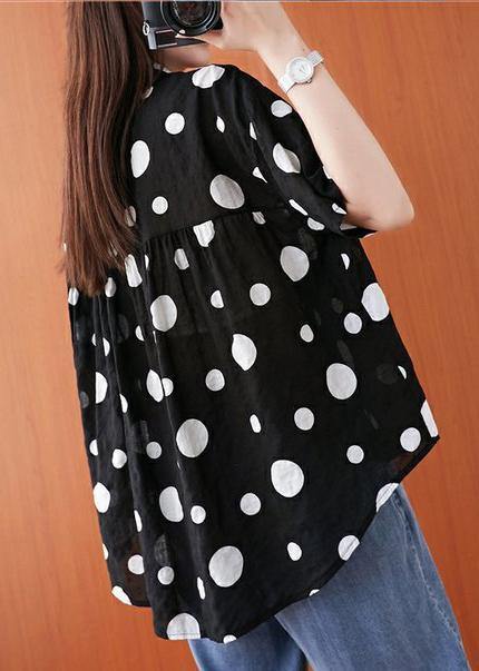French lapel asymmetric linen cotton tunic top black dotted daily blouses - SooLinen