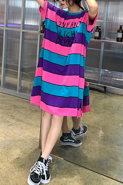 Französische mehrfarbige Baumwoll-Steppkleider in Übergröße, Ausschnitt mit O-Ausschnitt, seitlich offenes Shift-Sommerkleid