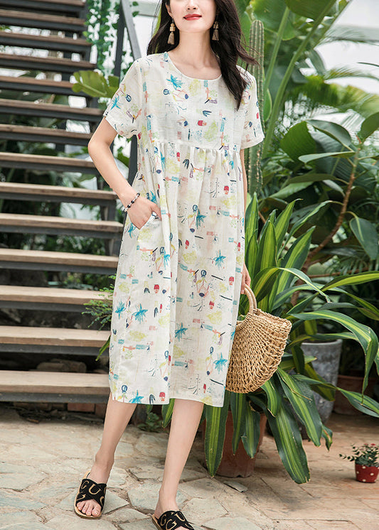 Französische Leinenroben mit Nude-Print, Boutique, Weihnachtsgeschenke, O-Ausschnitt, Cinched Art, Sommerkleider