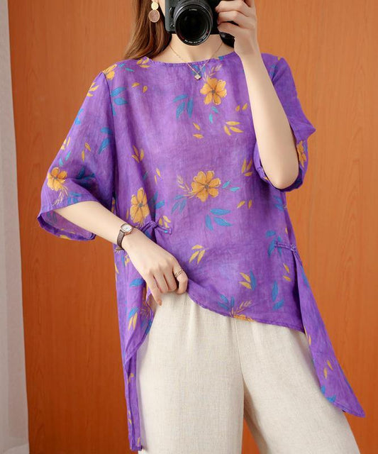 French o neck asymmetric summer top Shirts purple print top - SooLinen