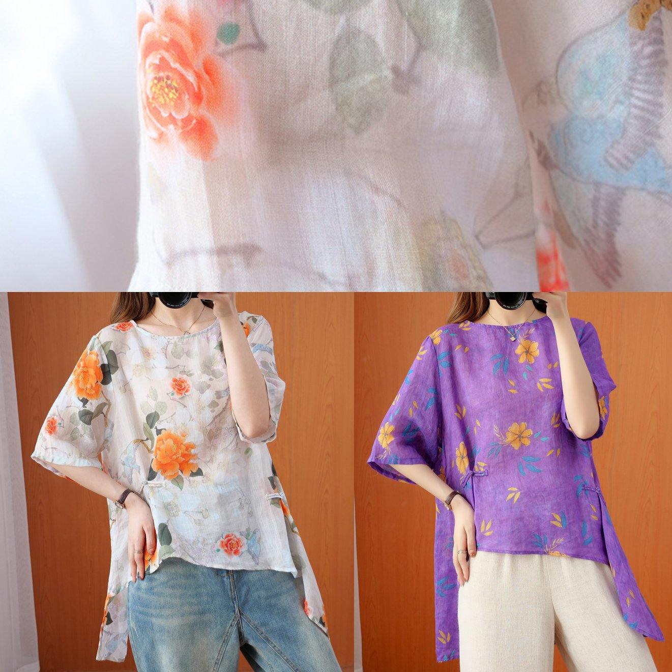 French o neck asymmetric summer top Shirts purple print top - SooLinen