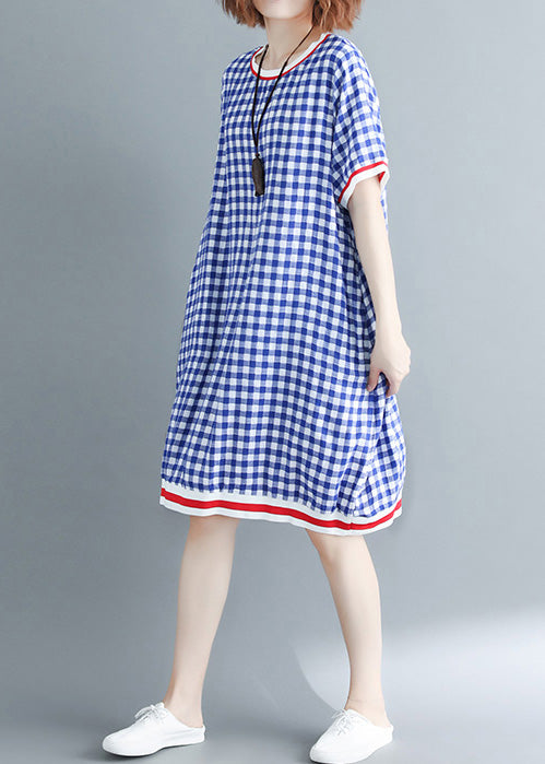 Französisches O-Ausschnitt-Baumwoll-Outfit in Übergröße, Arbeitsoutfits, blaues kariertes Kleid, Sommer
