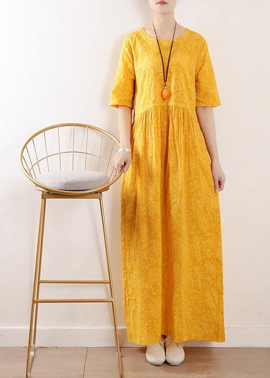 French o neck half sleeve cotton linen summer Robes yellow Dress - SooLinen