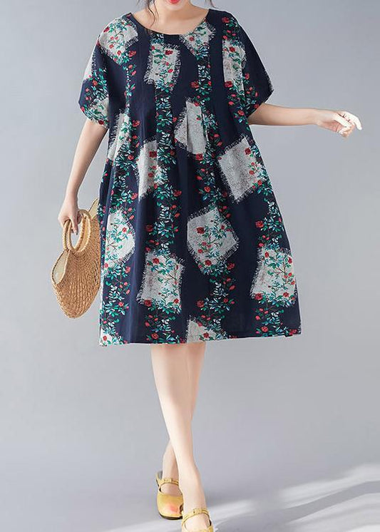 Französische Leinenkleidung mit Rundhalsausschnitt, Arbeitsoutfits aus dem 18. Jahrhundert, dunkelblauer Aufdruck, Alltagskleider, Sommer