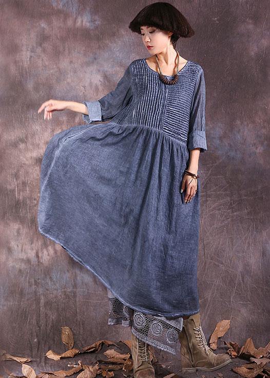 French o neck linen cotton clothes For Women Sewing blue Cinched Dresses summer - SooLinen