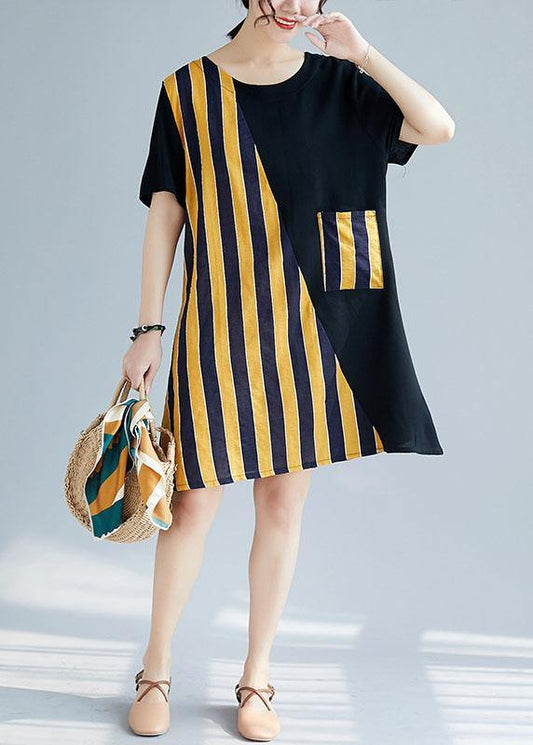 French o neck patchwork Cotton clothes Photography black yellow striped Dresses summer - SooLinen