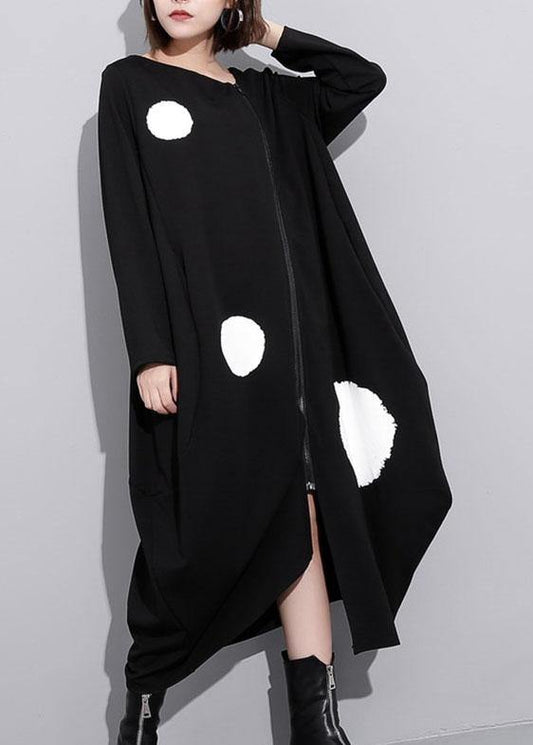 French o neck pockets cotton clothes Tunic Tops black dotted long Dress - SooLinen