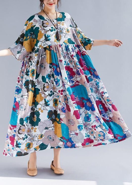 Französischer O-Ausschnitt, gerafftes Patchwork, Chiffon-Roben, pakistanischer Ärmeldruck, Maxikleid, Sommer