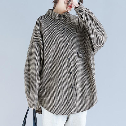 Französische karierte Baumwoll-Tunika, lässige Arbeitskleider mit Reverskragen, Frühlingsoberteile