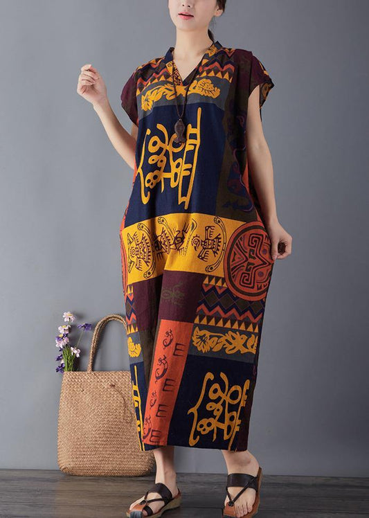 French print cotton quilting clothes v neck Maxi summer Dresses - SooLinen