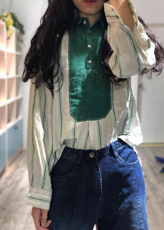 French purple striped linen tunics for women patchwork loose fall tops - SooLinen