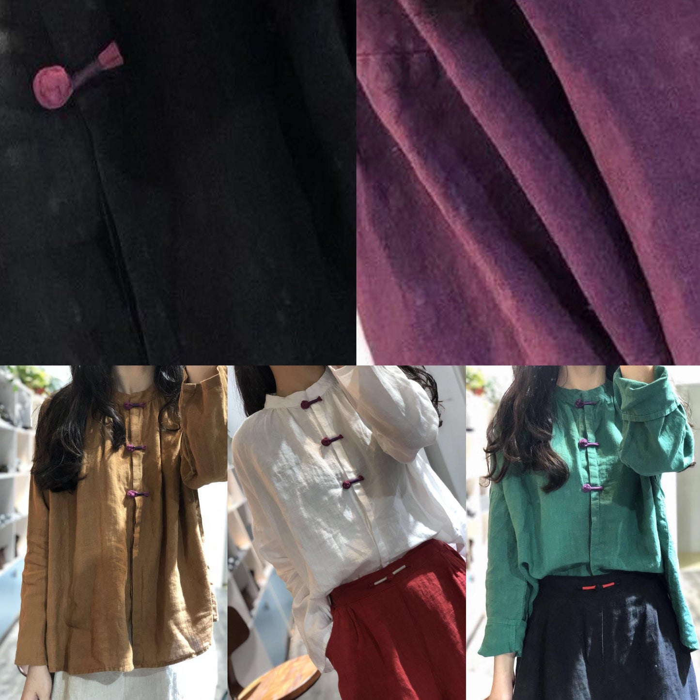 French stand collar linen tunic pattern Sewing black Batwing Sleeve blouses fall - SooLinen