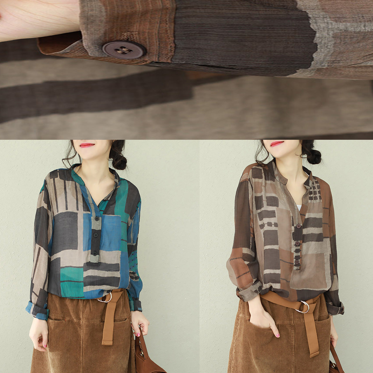 Französische Chiffon-Hemden mit V-Ausschnitt für Damen, Fotografie, braunes kariertes Box-Shirt