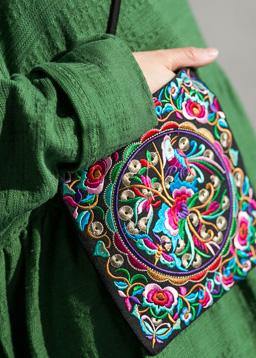 2021 French Green v neck embroidery cotton linen Dress summer - SooLinen