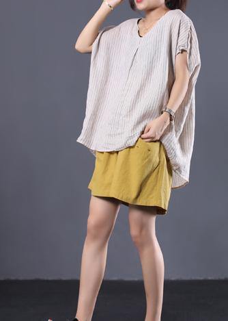 French v neck linen tunic pattern Sleeve white striped shirt summer - SooLinen