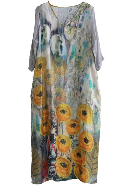 French v neck tie waist clothes Photography yellow print Dress - SooLinen