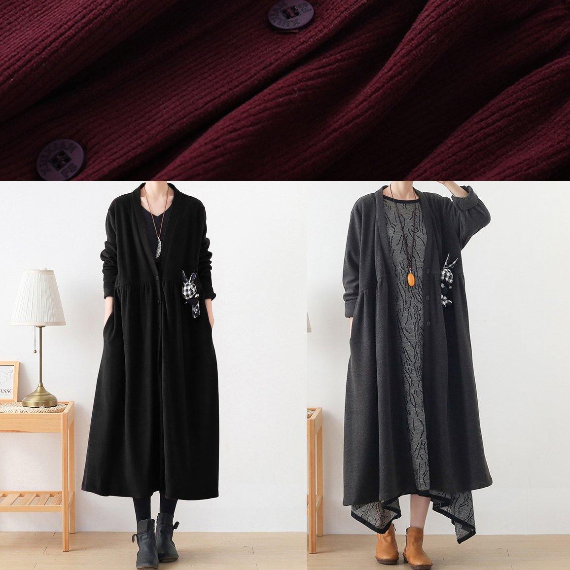 French v neck Cinched Plus Size clothes For Women burgundy box women coats - SooLinen