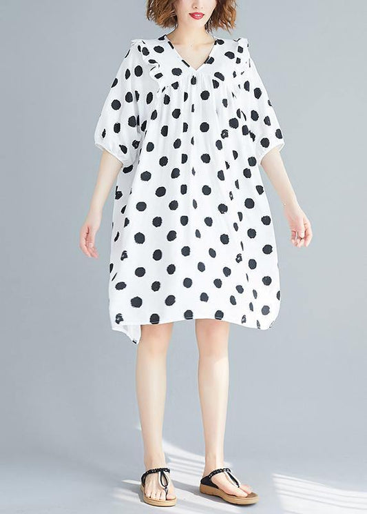 French v neck Cinched Tunics Shirts white dotted Dress summer - SooLinen