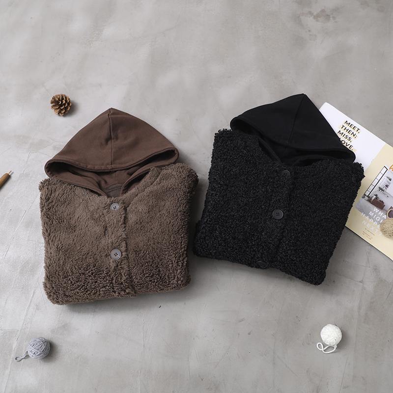 French winter Plus Size patchwork hooded clothes black coat - SooLinen