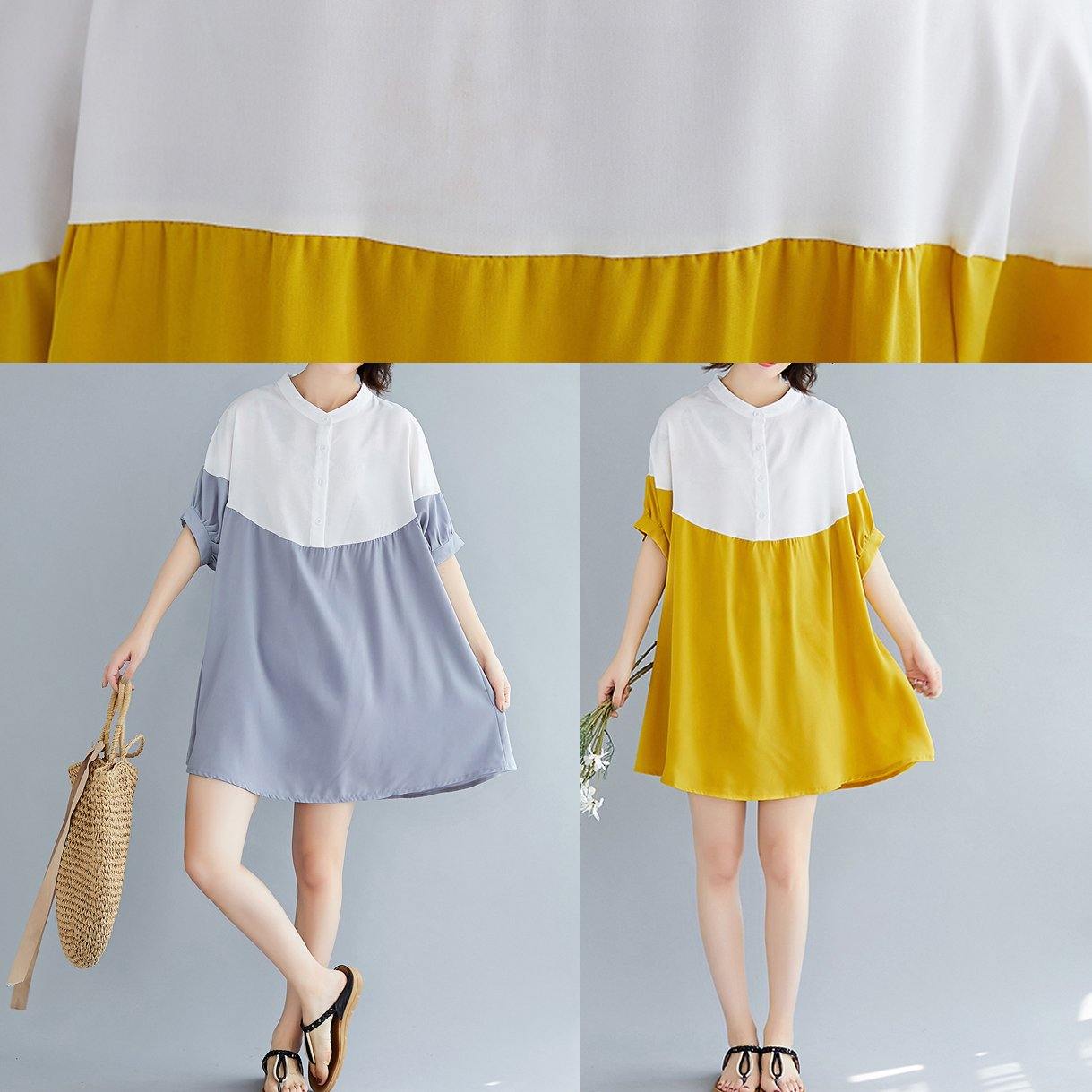 French yellow chiffon dresses Women Fashion o neck patchwork Traveling Summer Dresses - SooLinen