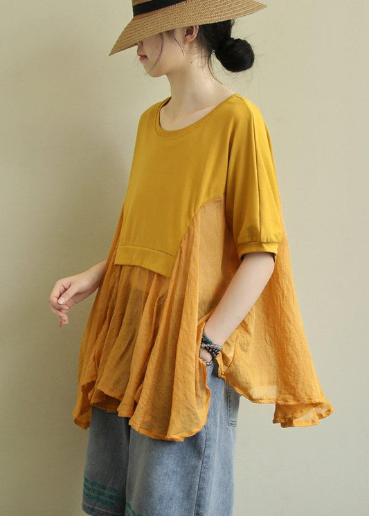 French yellow cotton blouses for women o neck patchwork Art blouses - SooLinen