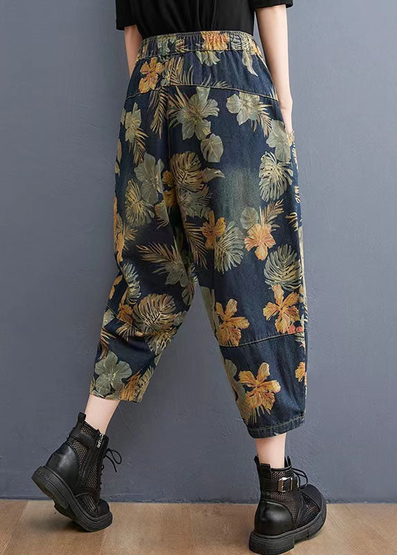 Französische Marine elastische Taille Kordelzug Taschen Print Denim Hose Frühling