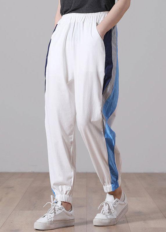 French White Patchwork Sports Pants Trousers Cotton - SooLinen