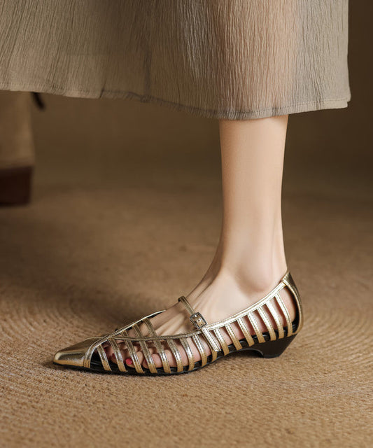 Gold Cowhide Leather Splicing Hollow Out Sandals Pointed Toe