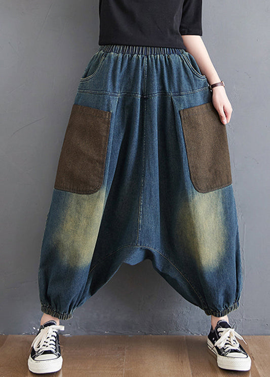 Gradient Color Denim Blue Elastic Waist Harem Pants Summer