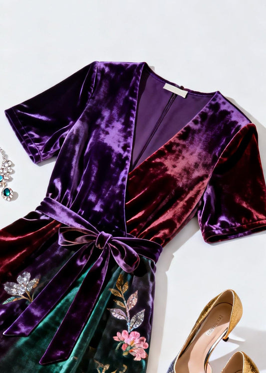 Gradient Color Print Tie Waist Silk Velvet Dresses V Neck Summer