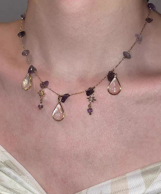 Gradient Color Purple Copper Overgild Crystal Star Water Droplet Pendant Necklace