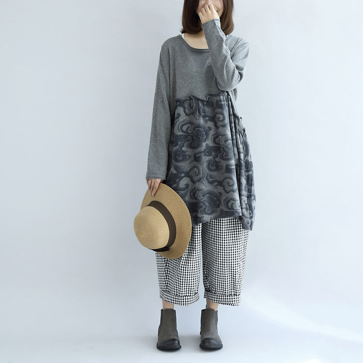 Graue Wolken Print Patchwork Winterkleider Plus Size Sweatkleid Baumwolle Umstandsmode