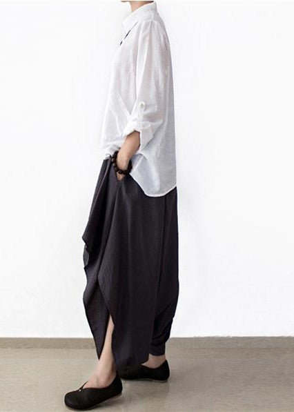 2024 early fall navy linen crop pants wide leg cotton pants asymmetric design