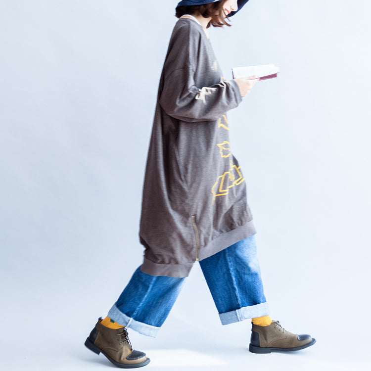 Graues Baumwollkleid mit Rosendruck und Reißverschluss am Saum, Oversize-Kleid