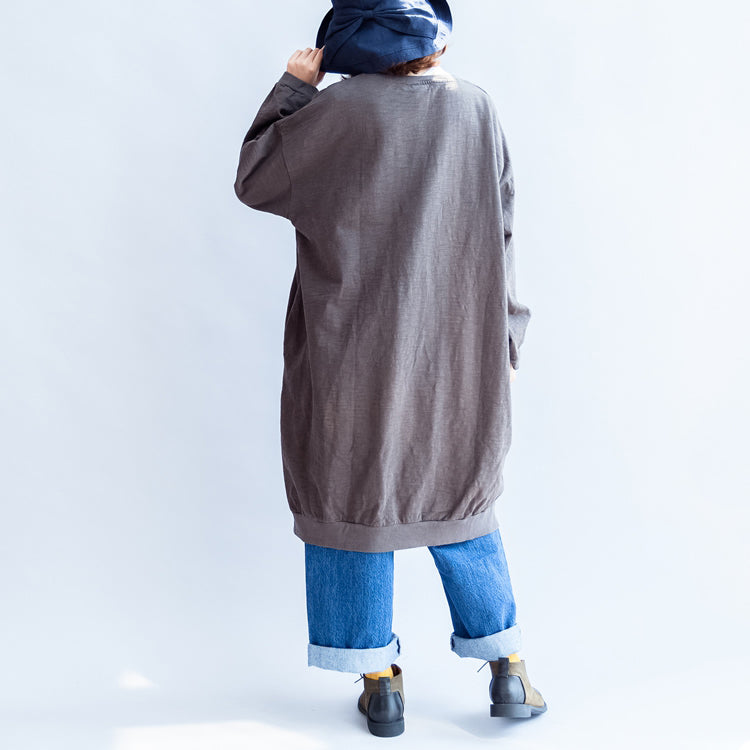 Graues Baumwollkleid mit Rosendruck und Reißverschluss am Saum, Oversize-Kleid