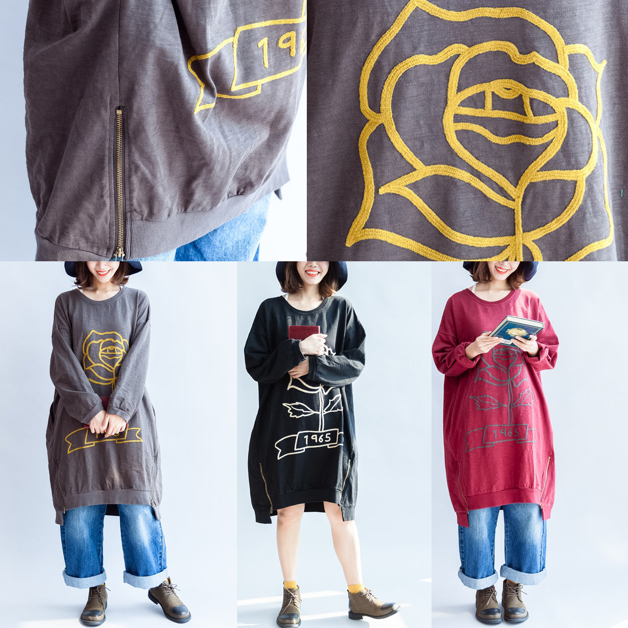 Graues Baumwollkleid mit Rosendruck und Reißverschluss am Saum, Oversize-Kleid