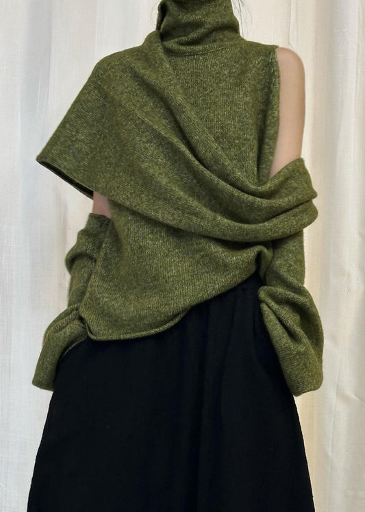 Suéter de punto liso asimétrico verde con cuello alto para invierno