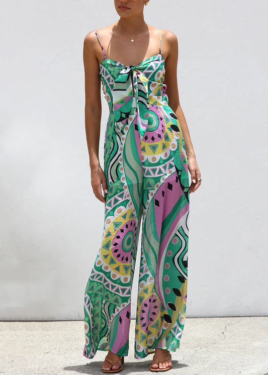 Green Bow Print Wide Leg Jumpsuit Summer