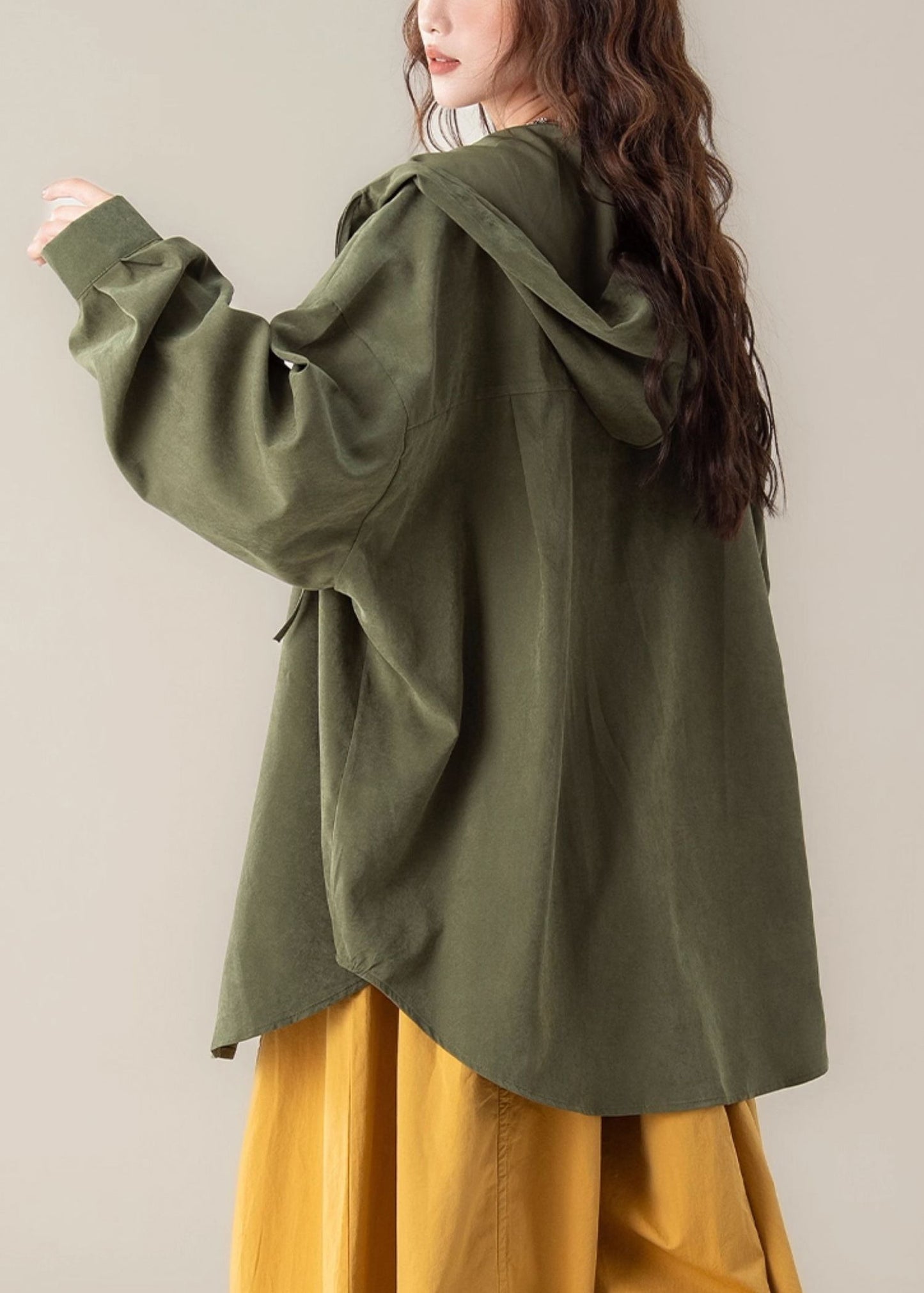 Green Button Lace Up Cotton Spring Blouses Hooded